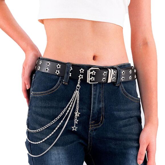 Accessories - Punk Star Belts Hip Hop Black Belt Double Prong Buckle Belt With 8311
